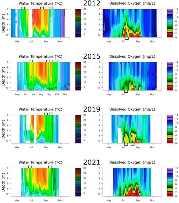 Time-series heat maps of 2012, 2014, 2019, and 2021 thermal stratification and dissolved oxygen from the Muskegon Lake Observatory (MLO) buoy